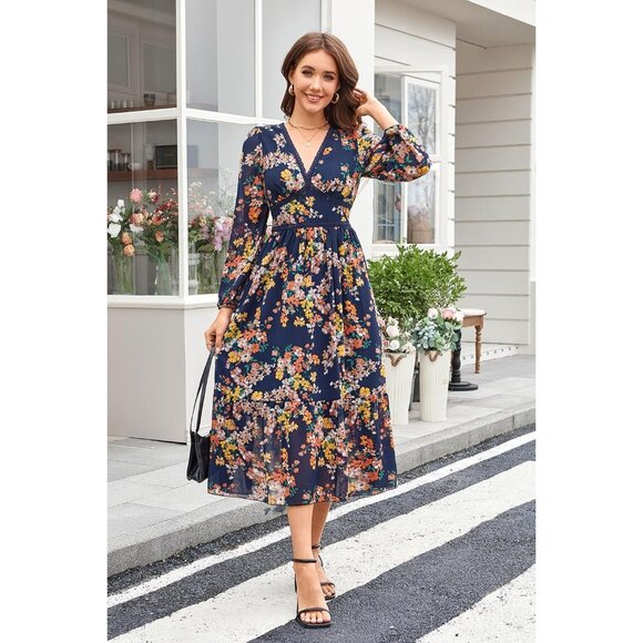 Women's Floral V Neck Chiffon Maxi Dress Long Sleeve Weddings Casual - Picture 2 of 5